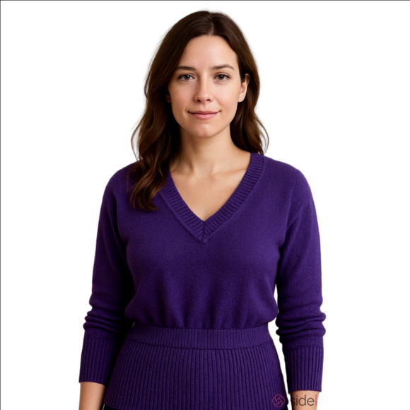 Wool Blend Ribbed Dress Tunic Purple Metallic Light Dropped Waist V Neck Sz.M - Picture 1 of 15